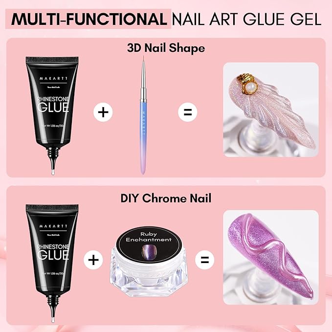 Makartt Nail Rhinestone Glue for Nails- 60ML Super Strong Gel Glue for Rhinestones, 3D Art Charm Decorations Bling Gem Bow Jewels Crystals Beads Diamonds Pearls, Beauty Gift, UV Lamp Need