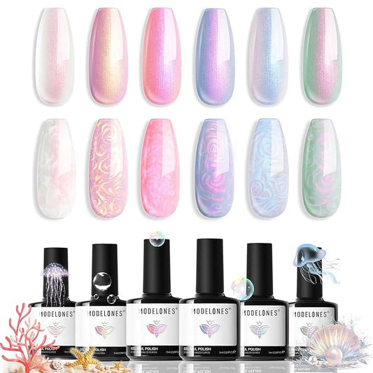 modelones Pearl Gel Nail Polish Set, 6 Colors Aurora Iridescent Shimmer White Pink Purple Mermaid Nail Drawing Glitter Gel Polish Soak Off Led Swirl Shell Thread Effect with Dotting Pen DIY Mani Gift