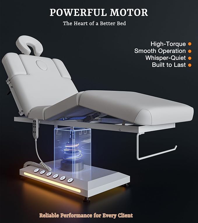 VARONXE Full Electric Massage Table Spa Bed, Professional Facial Bed with Independent Leg Adjustment, Armrests and Cradle, Medical Treatment Chair for Beauty Salon, White