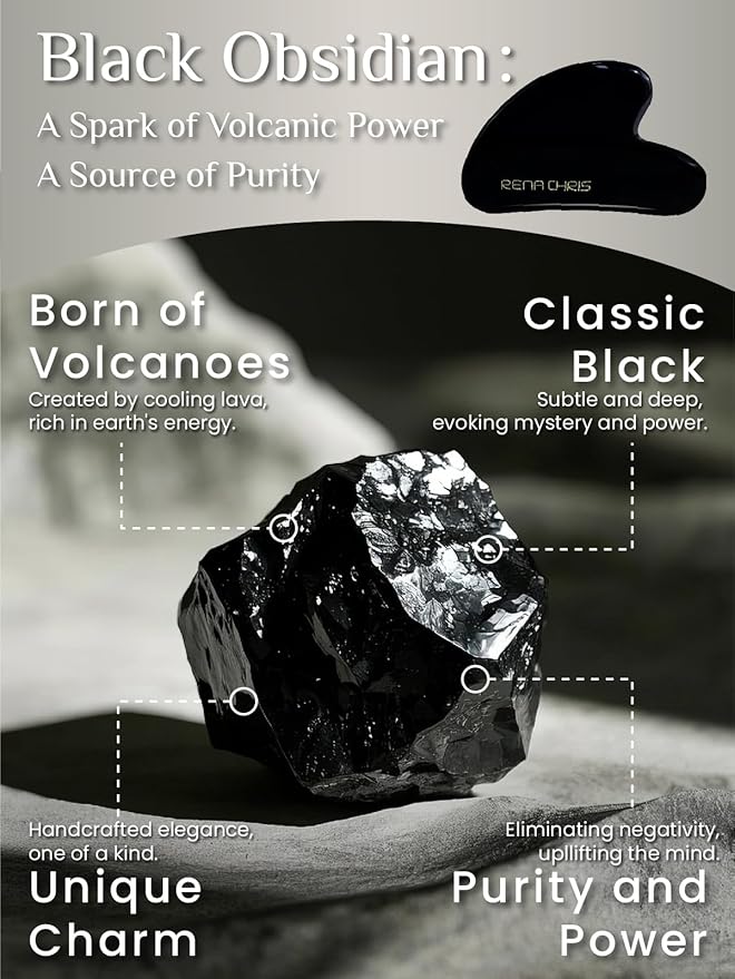 Rena Chris Gua Sha Facial Tools: Natural Obsidian Guasha Tool for Face Acupuncture Therapy, Facial Massager for Jawline Sculpting and Puffiness Reducing (Black)