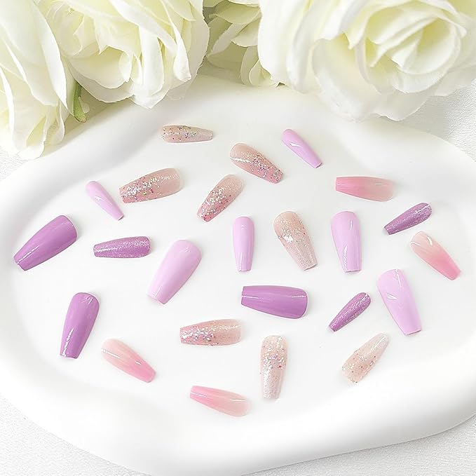 Coffin Press on Nails Medium Fake Nails Press ons Pink Gradient Glitter Sequins Design False Nails Purple Full Cover Glue on Nails Glossy Artificial Acrylic Nails for Girls 24Pcs