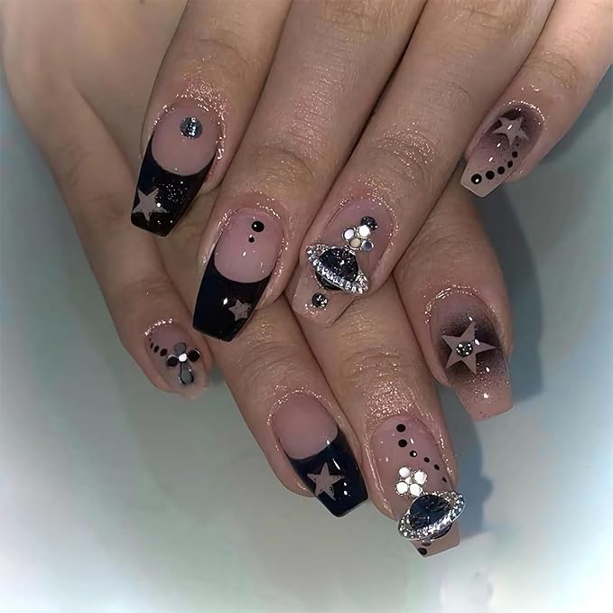BABALAL Coffin Press on Nails Medium Fake Nails Black Glue on Nails French Ballerina Acrylic Nails with Star Design Goth Stick on Nails for Women and Girls 24Pcs