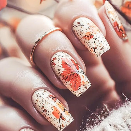 24Pcs Fall Press on Nails Square Medium Length Fake Nails Red Maple Leaves Autumn Nail Designs Thanksgiving Nail Press ons False Nails Glossy Reusable Autumn Winter Glue on Nails for Women