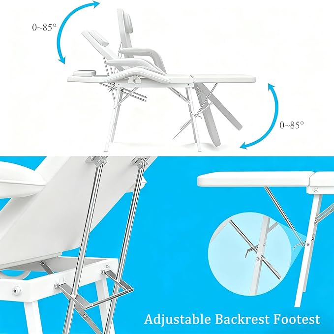 Portable Tattoo Chair, Adjustable Massage Facial Bed with Removable Headrest & Armrest, Foldable Spa Chair with Carry Bag, 73 Inch Esthetician Bed for Salon Beauty Barber Spa Tattoo (White)
