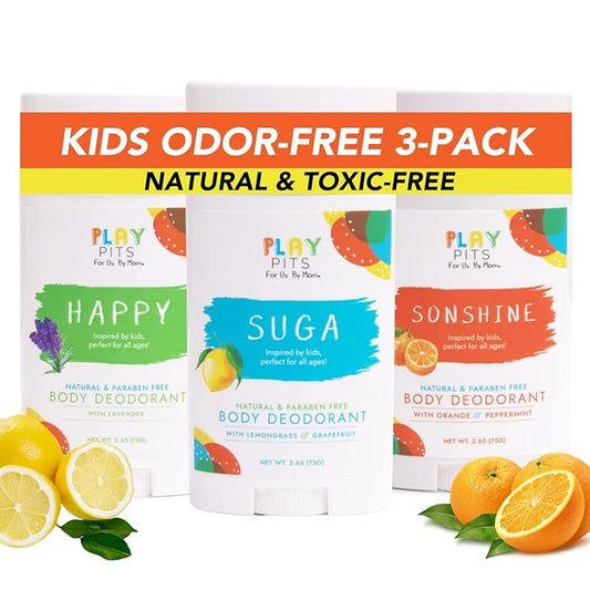 PLAY PITS - Kids Deodorant for Girls & Boys - Natural - Aluminum-Salt Free - Safe for Sensitive Skin - Variety Pack - SUGA, SONSHINE, & HAPPY – Clean, Non-Toxic, & Paraben Free - 2.65oz - 3 pack