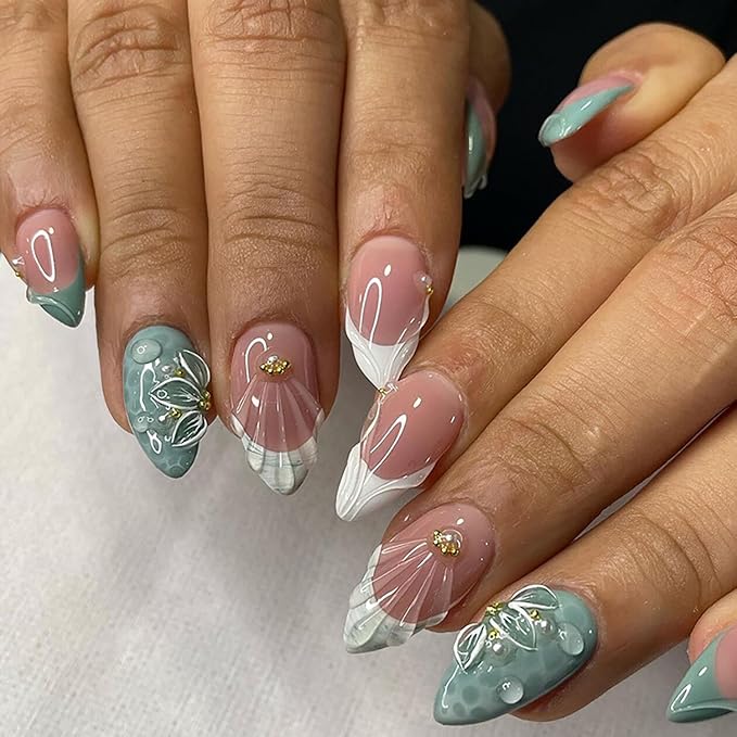 Summer Press on Nails Short Almond Fake Nails French Tips False Nails 3D Floral Ripple Nude Blue with Rhinestones Design Glossy Stick on Nail for Women Decoration Nail Art Accessories
