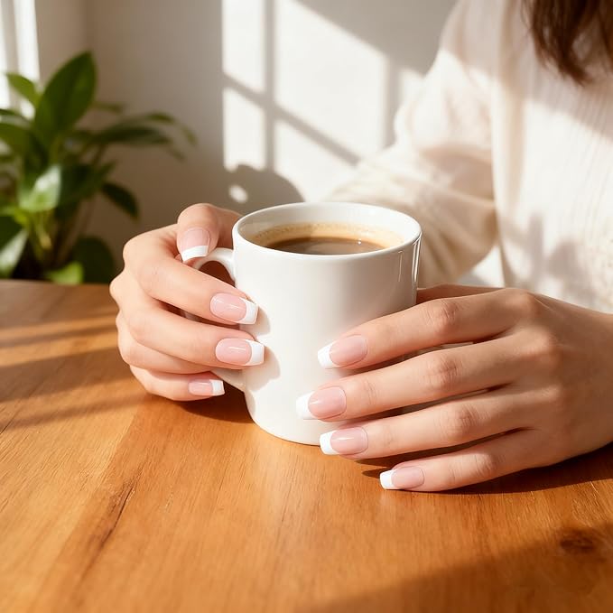 French Press on Nails Natural Nude White Medium Length Coffin False Nails Ballerina Nails Art Tips Salon Manicure Fake Fingernails for Daily Office