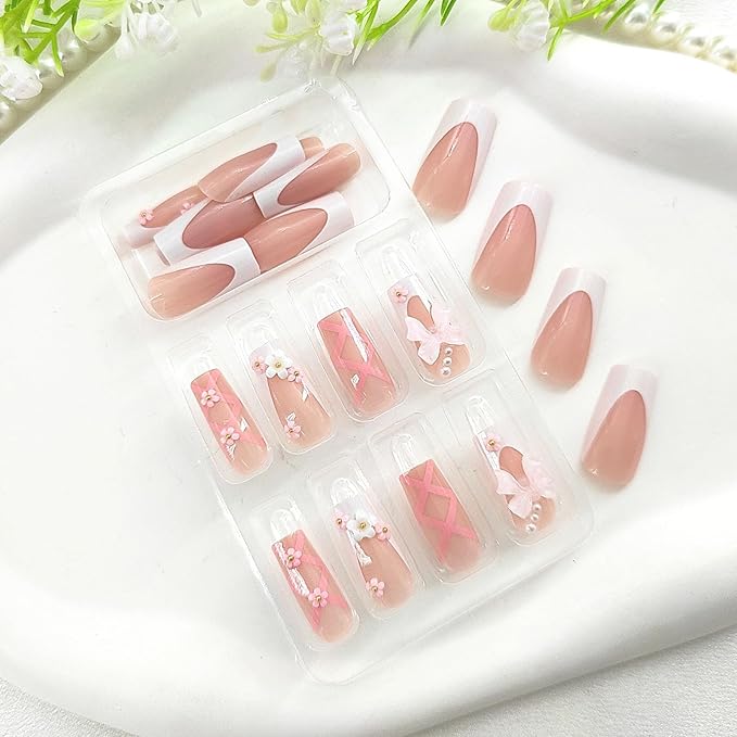 Long Press on Nails Square Plastic False Nails 24Pcs Glossy Extre Long Glue on Nails for Girls and Women with Lines 3D Bow Flower Design Pearl White French Tip Nails
