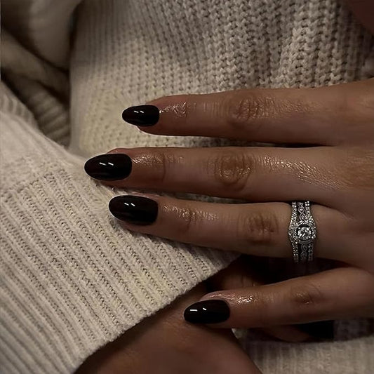 Black Press on Nails Short Almond Fake Nails Press ons, Thick Solid Color Glue on Nails Short False Nails, Medium Almond Nails Oval Round Shaped Nails for Women, 24Pcs