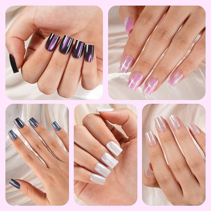 Cat Eye Press on Nails, 300Pcs XS Short Square Cat Eye Nail Tips, Glossy Glitter Soft Gel Fake Nails for Women and Girls Stick On Nails in 15 Sizes