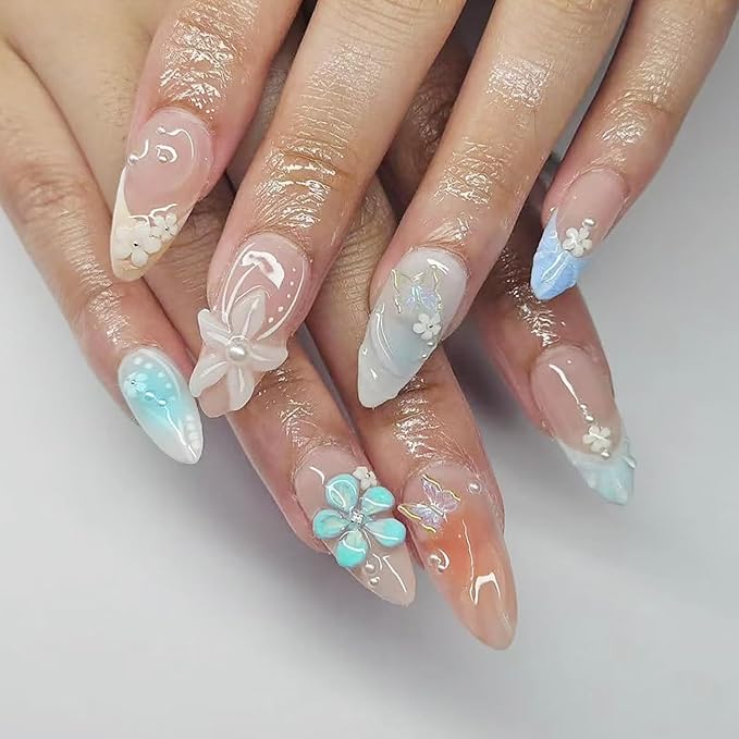 24Pcs Blue Flower Press on Nails Medium Almond Fake Nails White Blue Pearl Hawaiian Flowers with Pearl Design Summer Stick on Nails French Tip False Nails for Women Acrylic Nails Holiday Decorations
