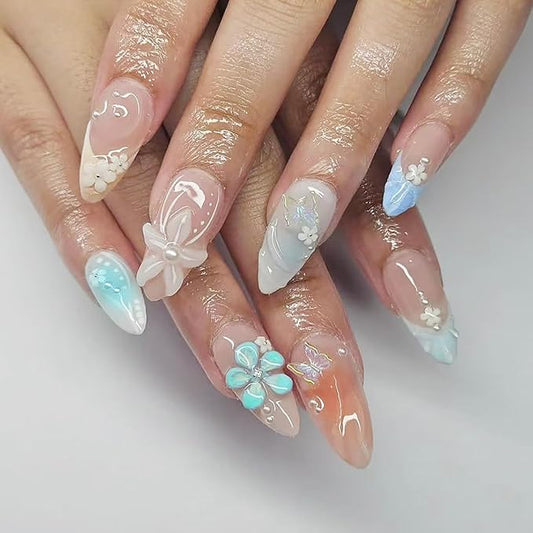24Pcs Blue Flower Press on Nails Medium Almond Fake Nails White Blue Pearl Hawaiian Flowers with Pearl Design Summer Stick on Nails French Tip False Nails for Women Acrylic Nails Holiday Decorations