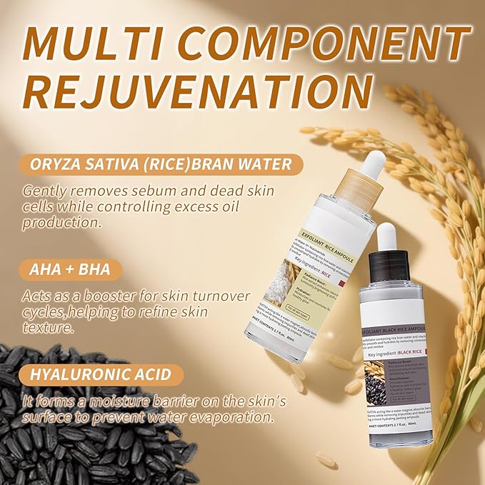 Black and White Rice Peeling, Soft Rice Exfoliating Face and Body, New glow rice Black and White Rice Exfoliant Duo Ampoule Set for All Skin Types, Gentle Peel & Deep Hydration 2 Pack (2.7 fl oz Each)