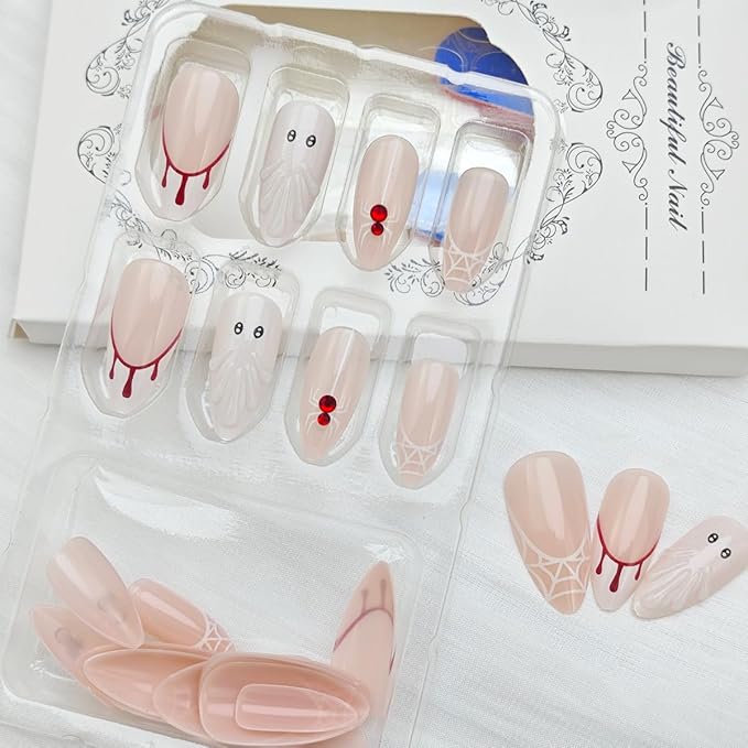 24Pcs Spider Web Press on Nails Medium Almond French Tip Fake Nails Horror Bloody Drop Full Cover Tip Glue on Nails Artificial Reusable Cute Ghost False Nails Stick on Nail for Women Acrylic DIY