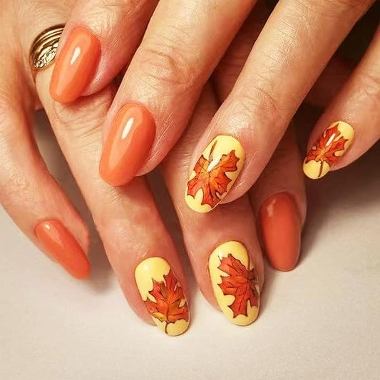 Thanksgiving Medium Almond False Nails 24Pcs Maple Leaf Press on Nails Fall Leaves Stick on Fingernails Glossy Brown Acrylic Fake Nail Autumn Gel Glue on Nail for Coquette Women Girls