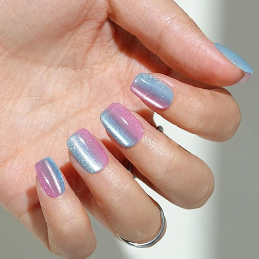 Press on Nails Short, Jofay Fashion Fake Nails, Two-color Ombre Cat Eye Press on Nails, Summer Acrylic False Nails, Reusable Stick on Nails for Women Girls, Glue on Nails Kit 32 Pcs, Twilight Purple