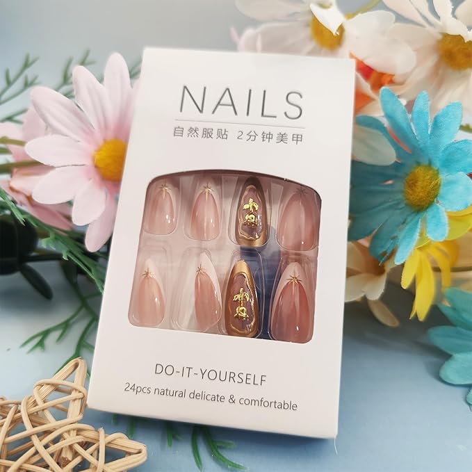 3D Rose Flower Press on Nails 24Pcs Stars Press ons Fingernails Curve Line Gel Glue on Acrylic Fake Nails Glossy Gold Medium Almond False Nail French Tips Stick on Nail for Holiday Manicure Art