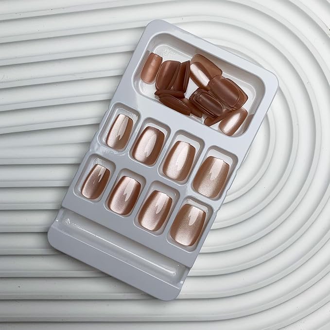 Square Press on Nails Short Cat Eye Fake Nails Nude Pink Acrylic Nails Glossy Ombre False Nails with Designs Solid Glue on Nails Nature Stick on Nails for Women Girls 24 Pcs