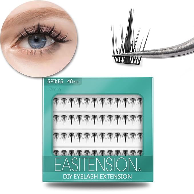 DIY Eyelash Extension, 3D Effect Glue Bonded Band Individual Lash 48 Clusters Volume Lashes Set, Home Eyelash Extension, C curl Lashes Pack 12MM-Spikes-48 Clusters