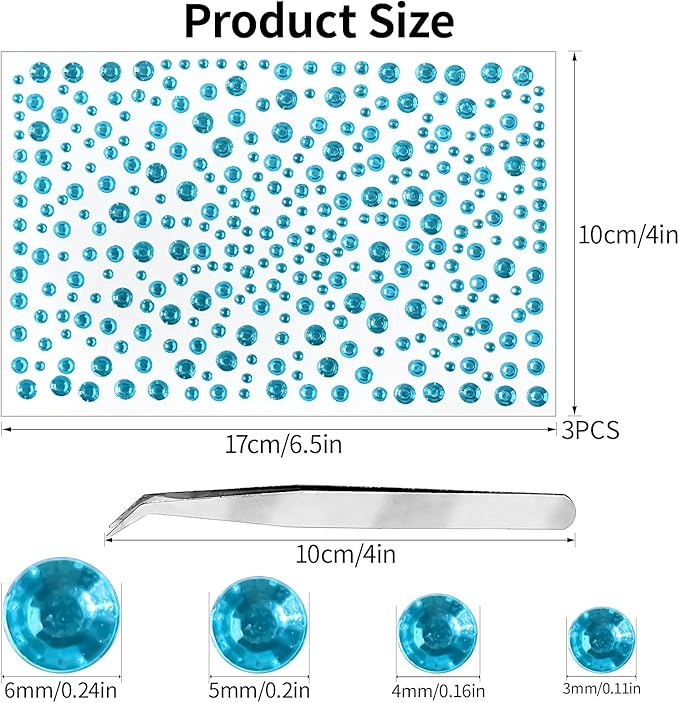 3Sheets Face Gems Rhinestones Stickers Bling Craft Light Blue Clear Crystal Tweezers Decals Pearls for Makeup Stick on Body 3/4/5/6MM Hair Nails Craft DIY Gems for Nails Makeup Decor 975PCS