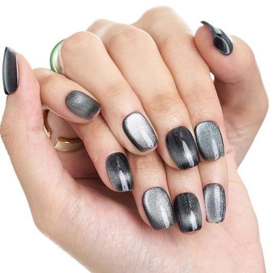 GLAMERMAID Press on Nail Extra Short Square, Winter Handmade Black French Tip Cat Eye Gel Glue on Nail, Glossy Fake Nails Reusable Acrylic False Nails Manicure Kits for Women