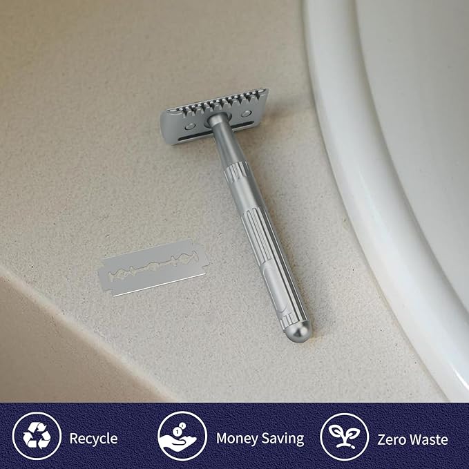 Matte Silver Double Edge Safety Razor, Single Blade Razors for Men and Women, with 10 Stainless Steel Safety Razor Blades, Reusable, Smooth and Close Wet Shaving Kit, Plastic Free