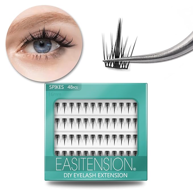 DIY Eyelash Extension, 3D Effect Glue Bonded Band Individual Lash 48 Clusters Volume Lashes Set, Home Eyelash Extension, C curl Lashes Pack 16MM-Spikes-48 Clusters