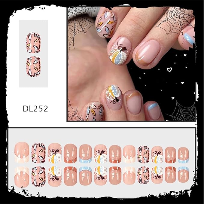 24Pcs Halloween French Tip Press on Nails Short Square Fake Nail Fall False Nail with Colorful Pumpkin Leaf Designs Blue Brown French Tip Nails Press ons Full Cover Glossy Glue on Nails for Women