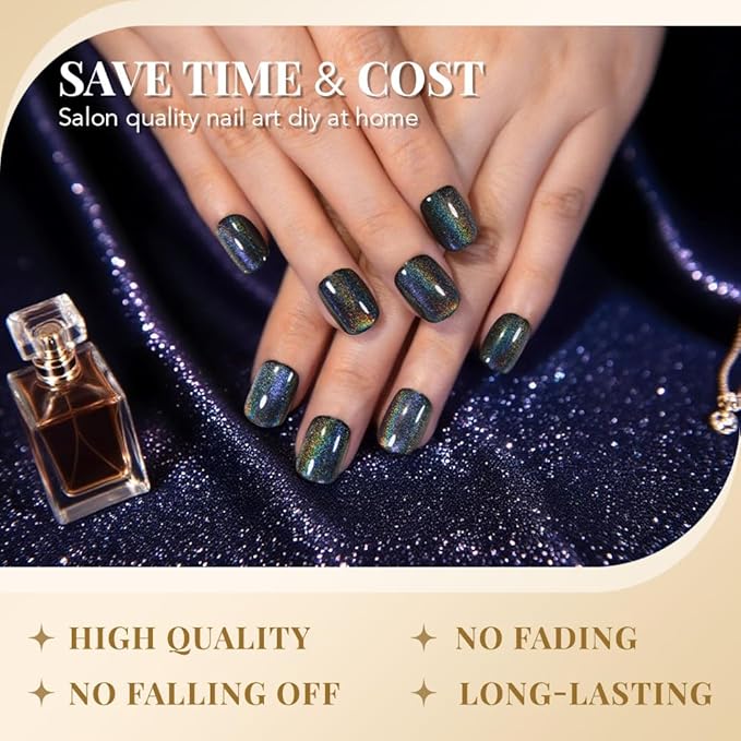 evpct Black Chrome Cat Eye Short Press on Nails Square, Short Square Glue on Nails for Women Gift, Black Metallic Glitter Glossy Reusable Spring Summer Stick Gel Press on Acrylic Fake Nail with Design