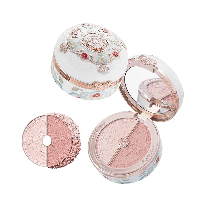Flower Knows Butterfly Cloud Collar Rouge Box Highlighting & Blush Duo Powder,Nude+Peach Matte Finish Blush & Highlighter Palette,Buildable & Blendable Makeup for cheeks(01 Rouge Snow)