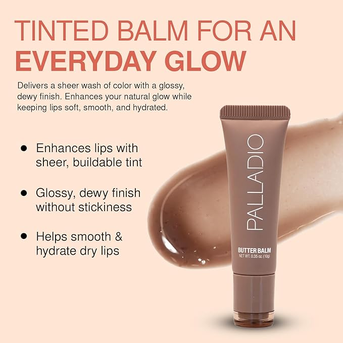 Palladio Butter Balm - Hydrating Lip Balm with Sheer Tint, Aloe, Peptides, Shea Butter, and Vegan Formulation for Instant Moisture, Shine, and Soothing Lip Care, Caramel Glazed