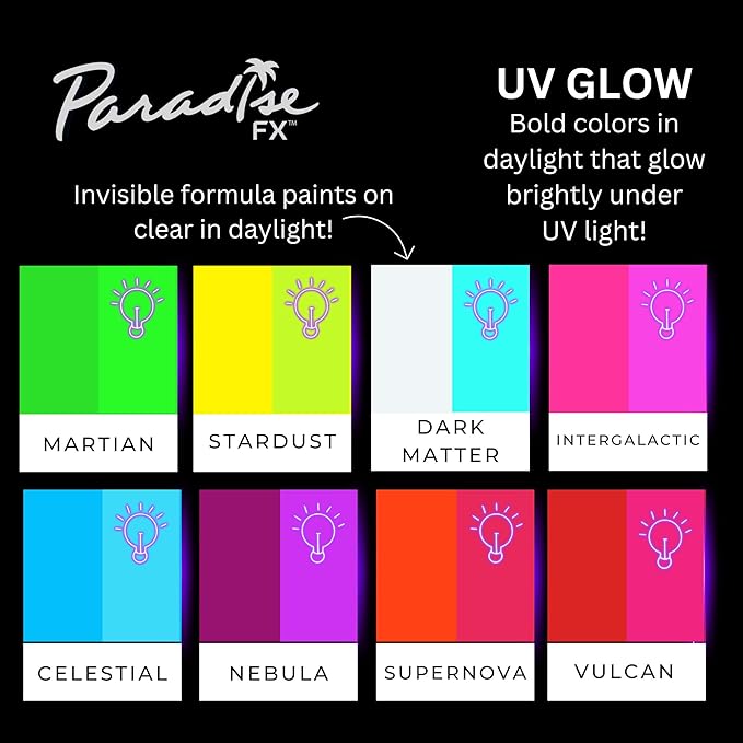 Mehron Paradise FX UV Neon Glow – Neon UV Stardust 1.4 oz | Water Activated Black Light UV Paint for Raves, Costumes, SFX, Halloween, Stage, Theater & Cosplay