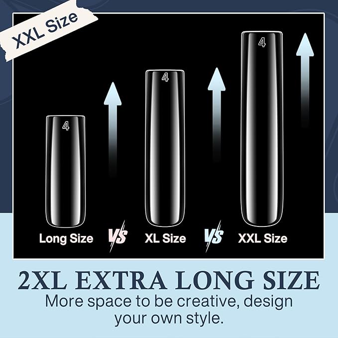 Extra Long Square Nail Tips, XXL 120Pcs 12 Sizes No C Curve Clear Acrylic Nails Straight Tapered Square Press on False Nail Tips for Nail Extension Nail Art Salon Home DIY
