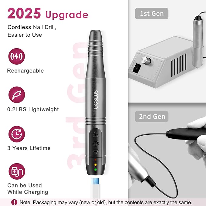 COSLUS Cordless Nail Drill Electric File: Professional for Acrylic Gel Dip Powder Nails Portable Nail Drill Machine Kit for Manicure Pedicure Nail Set with Everything Rechargeable Lightweight