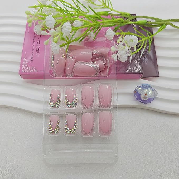 Pink Press on Nails Medium Square Fake Nails with Rhinestones Designs Glitter French Tip Nails Press ons Glossy Glue on Nails for Women 24Pcs