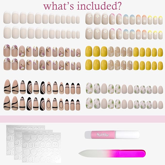 6 Packs (144 Pcs) Short Press on Nails - Flower Almond, Oval French Tip, Glue on Nails in 12 Sizes - 24 Fake Nails Kit for Women