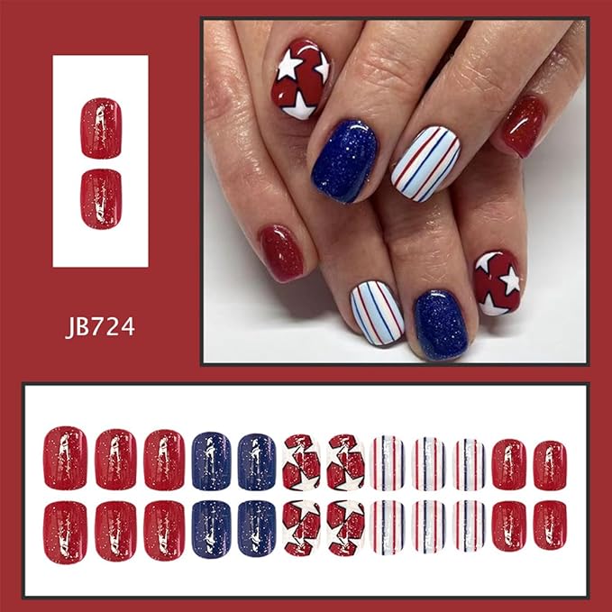 Independence Day Press on Nails Short Square 24Pcs 4th of July Fake Nails with White Star Stripe Designs Red Blue Glitter Patriotic Acrylic Nails Glossy Glue on Nails for Women Manicure