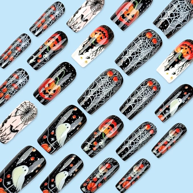 24Pcs Halloween Press on Nails Medium Square Pumpkin Fake Nails Spider Web Bat Castle with Cute Ghost Design Horror Stick on Nail Gothic False Nails Acrylic Glue on Nail for Women Manicure DIY