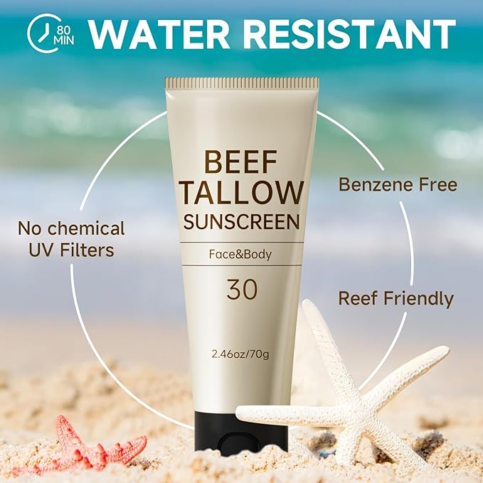 Tallow Sunscreen, Sunscreen for Face, SPF30 Natural Reef Safe Face Body Beef Tallow Sunblock, Non Greasy Clean Travel Sun Screen Sunblock for Outdoor Travel, 7.38 OZ,3 Pack