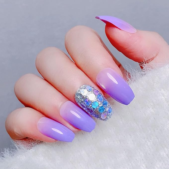 Short Coffin Press-On Nails, 24pcs Plastic Sliver Glitter Sequins Designs, Purple Gradient, Glossy, Full Cover, Quick On, 24 Fl Oz (Pack of 1)
