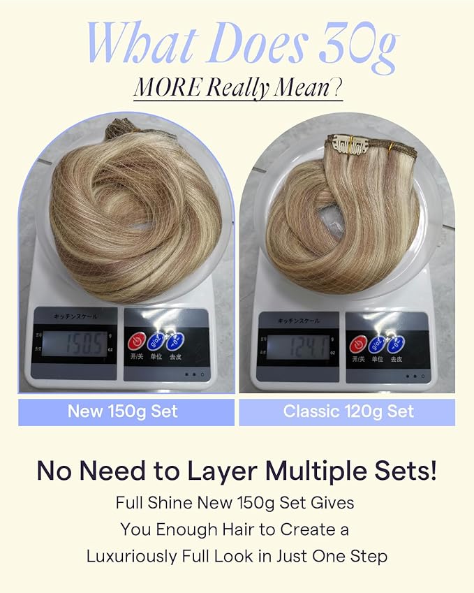 Full Shine Ash Blonde Clip in Hair Extensions Human Hair Thick Ash Blonde Highlighted Clip in Extensions for DIY 22 Inch 150 G 7 Pcs