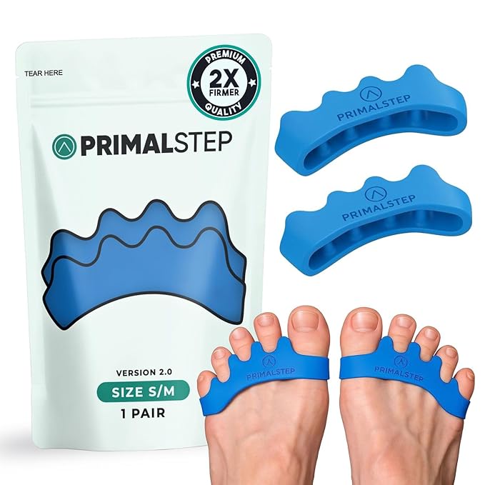 PrimalStep 2.0 FIRM EDITION Toe Separators - Extra Firm, Stretchy & Flexible - Thicker & More Durable - Dr. Recommended - Loved by Those with Bunions or Plantar Fasciitis - Toe Spacers for Athletic Mobility (Blue, S/M)