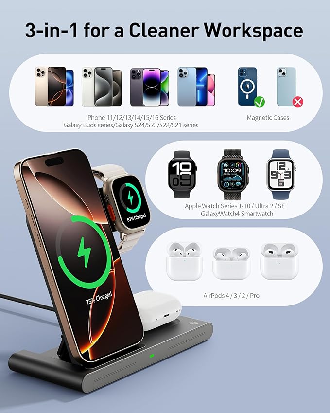 2025 Traveling Portable Wireless Fast Charger for Apple & Android Charging Station, 3 in 1 Charging for iPhone 16 15 14 13 12, Apple Watch Series & Air pods 4 3 2 Pro, Samsung Galaxy-Gifts for Family