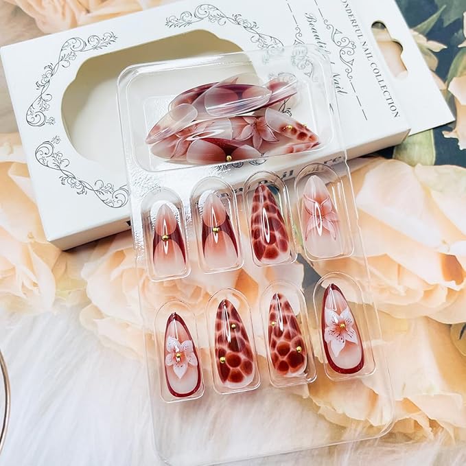 Handmade Press on Nails Medium Nude Brown Gradient Almond Fake Nails with Stereoscopic Flower Design Summer Glue on Nails Glossy Almond Shaped False Nails Reusable Stick on Nails for Women Girls 24Pcs