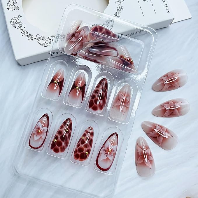 Handmade Press on Nails Medium Nude Brown Gradient Almond Fake Nails with Stereoscopic Flower Design Summer Glue on Nails Glossy Almond Shaped False Nails Reusable Stick on Nails for Women Girls 24Pcs