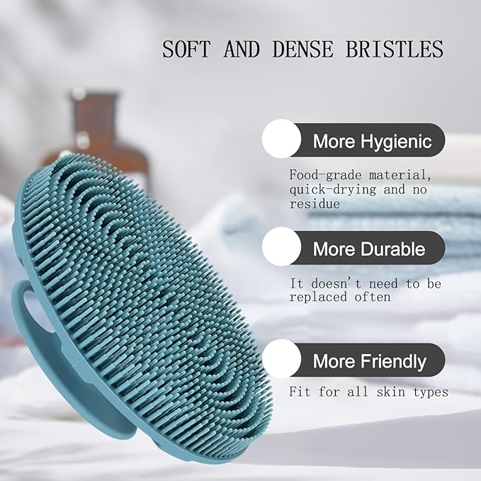 INNERNEED Food-Grade Soft Silicone Body Scrubber Shower Brush Handheld Cleansing Skin Brush, Gentle Exfoliating and Lather Well (Dark Green)