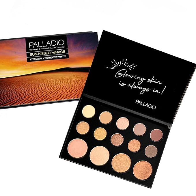 Palladio Sun-Kissed Mirage Eyeshadow Highlighter Palette, Warm Flawless Look, Matte and Shimmer Finishes, 14 Curated to Ensure Rich and Highly Pigmented Colors, All Day Wear (SUN-KISSED)