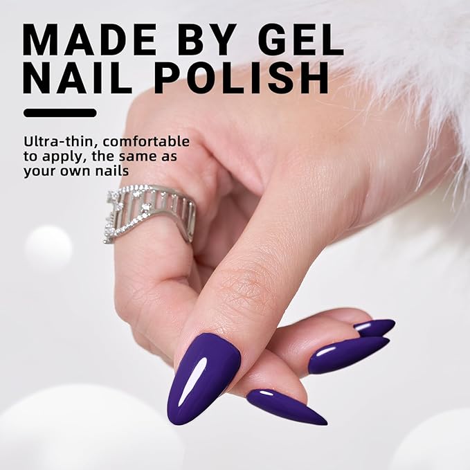 Wooyas Press on Nails Almond，Medium Glossy Handmade Gel Fake Nails Dark Purple Color，Reusable Lightweight Natural Salon Perfect Press on Nails in 12 Sizes - 24 Pcs Soft Gel Glue On Nails Kit