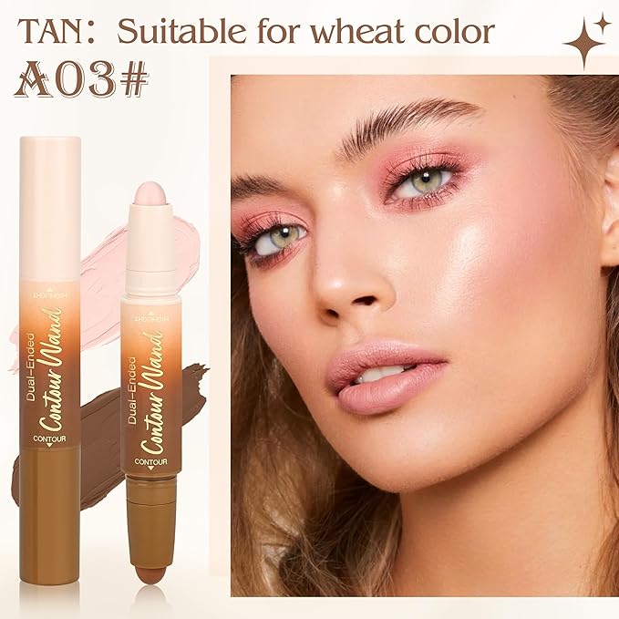 Contour Highlighter Stick，2-in-1 Dual-Ended Cream Bronzer & Highlighter Sticks Pen for Face Body Contouring Makeup- Buildable，Waterproof, Easy to Apply Suitable for Beginners，03Darker Nude+Light Pink