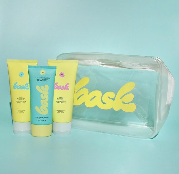 Bask Sunscreen Carry-on Kit: Travel Size Gift Set Bundle with Beach and Travel Pouch | SPF 30 & 50 Sheer Moisturizing Lotion, Daily Invisible Gel SPF 40 Face Sunscreen, & Convenient Travel Pouch